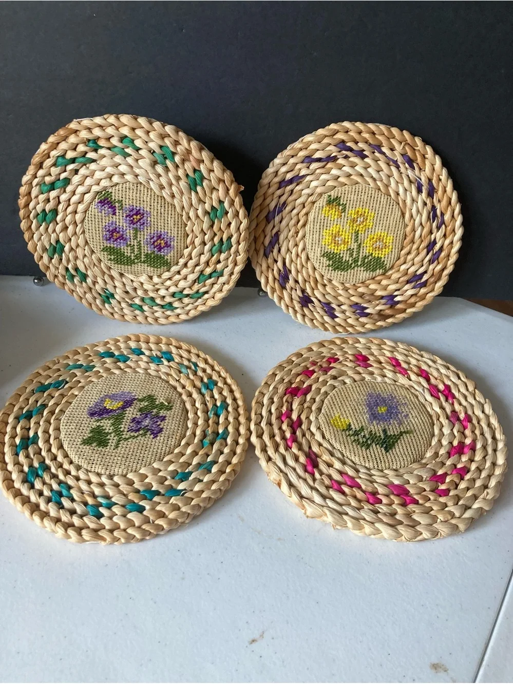 Rattan Handmade Woven Floral Trivets Coasters Floral Needlepoint - Set of 4